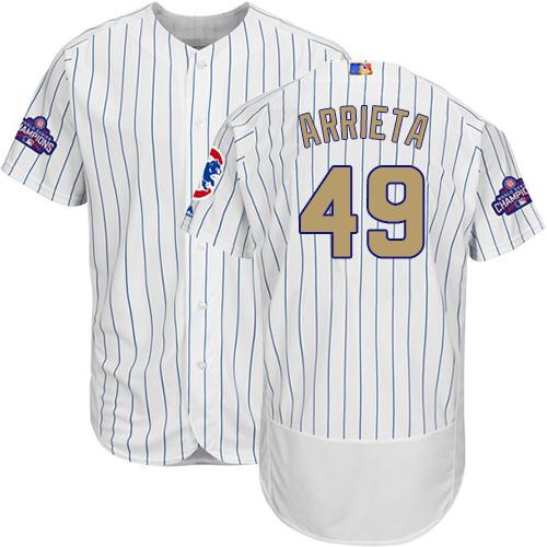 Cubs #49 Jake Arrieta White(Blue Strip) Flexbase Authentic Gold Program Stitched MLB Jersey - Click Image to Close